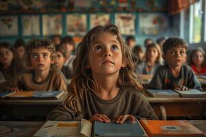 A young girl sitting at a desk in front of a classroom photo
