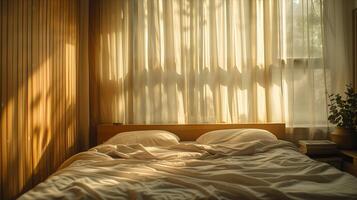 A bed with a white sheet and a window photo