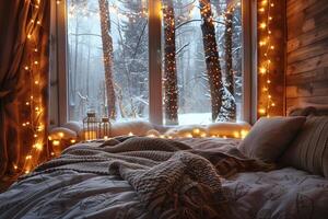 A bed with a blanket and a window with lights photo