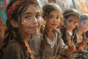 A group of young girls are painting on a canvas photo
