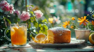 A lemon cake and a cup of tea sit on a table photo