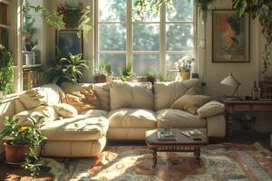 A living room with a couch, a coffee table, and a window photo