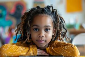 A young girl with dreadlocks sitting at a desk photo
