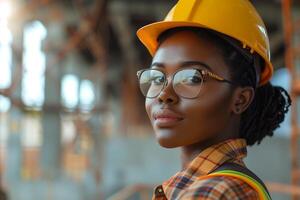 A woman wearing a hard hat and glasses photo