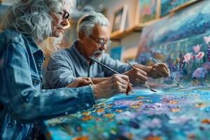 An older couple painting on a large canvas photo