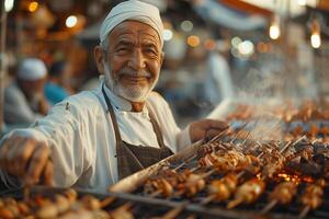 An old man is cooking food on skewers photo