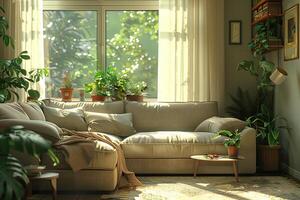 A living room with a couch, a table, and a window photo