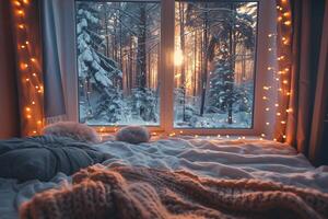 A bed with a blanket and pillows in front of a window with lights photo