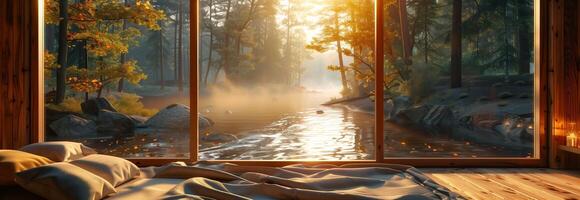 A bed with a window overlooking a river photo