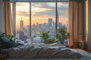 A bedroom with a view of a city skyline photo
