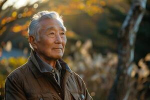 An older man in a park looking off into the distance photo