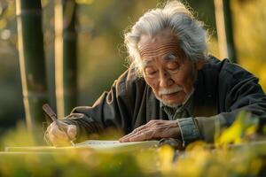 An old man writing in a book in the forest photo