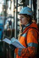 A woman in an orange jacket and hard hat holding a piece of paper photo
