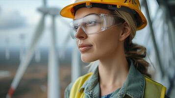 A woman in a hard hat and safety glasses looking at wind turbines photo