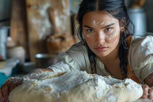 A woman is making bread in a kitchen photo