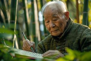 An old man writing in a book with bamboo leaves photo
