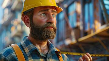 A man with a beard and hard hat holding a measuring tape photo