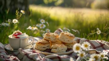 A plate of biscuits and a cup of tea on a picnic blanket photo