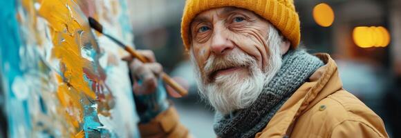 An old man with a yellow hat painting on a wall photo