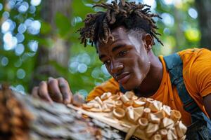 A man with dreadlocks is picking mushrooms photo