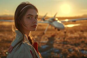 A woman standing in front of an airplane photo