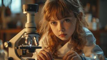 A little girl looking through a microscope photo