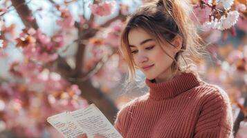 A woman is reading a book under a tree photo