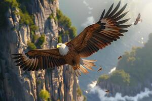 An eagle flying over a mountain with birds flying around it photo