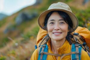 A woman with a backpack smiling and looking up photo