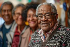 An older man with glasses and a group of people photo