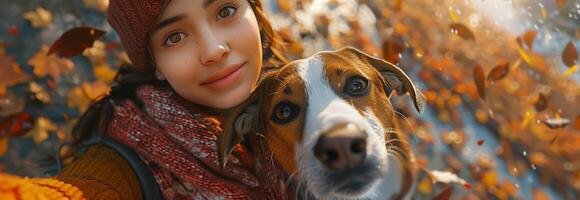 A girl and her dog are taking a selfie photo