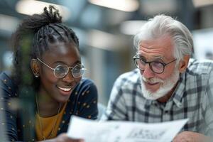 A man and woman are looking at a document photo