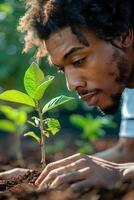 A man is looking at a young plant photo
