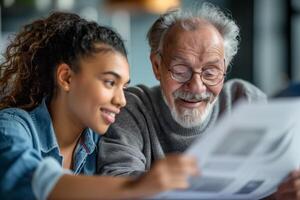 An older man and young woman are looking at a document photo