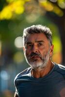 A man with a beard and gray hair is running photo
