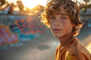 A boy with curly hair sitting on a skateboard ramp photo