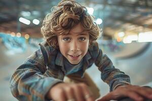 A boy is on a skateboard in a skate park photo