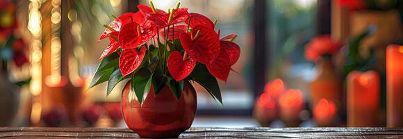 A vase of red flowers sitting on a table photo