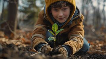 A young boy is kneeling down in the dirt holding a plant photo