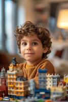 A young boy is sitting in front of a large lego city photo
