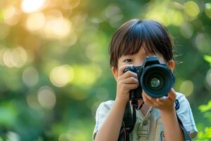 A young boy holding a camera in front of him photo