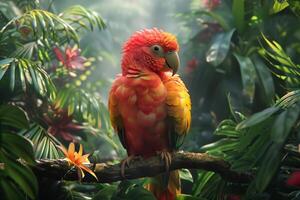 A colorful parrot sits on a branch in the jungle photo