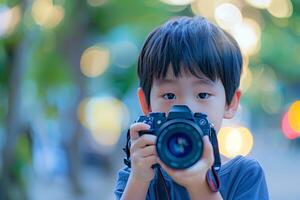A young boy holding a camera in front of him photo