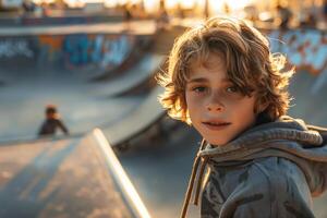 A young boy in a hoodie at a skate park photo