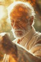An old man in a kimono is holding a sword photo
