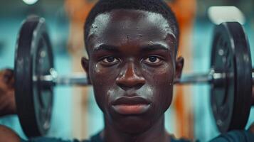 A young man is lifting weights in a gym photo