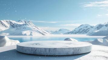 An empty round table in front of a snowy mountain range photo