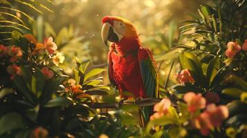 A red parrot is sitting on a branch in the jungle photo