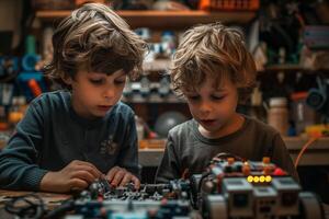 Two young boys working on a robot photo