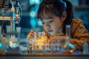 A young girl is working on a project in a laboratory photo